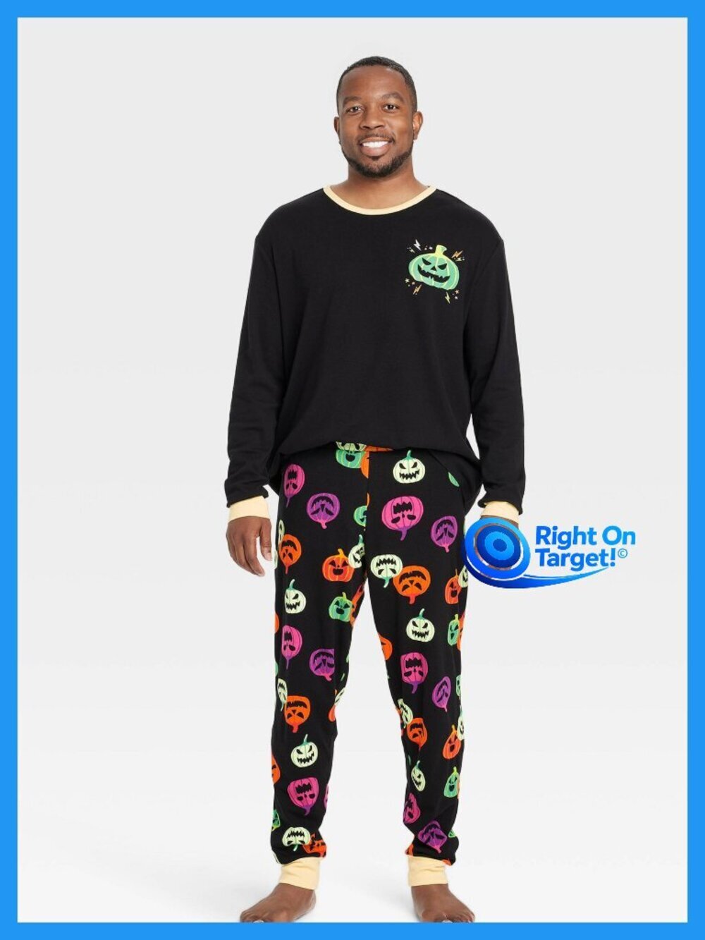 XXL - Mens Pumpkin Print Glow-in-the-Dark Halloween Pajama Set - Black